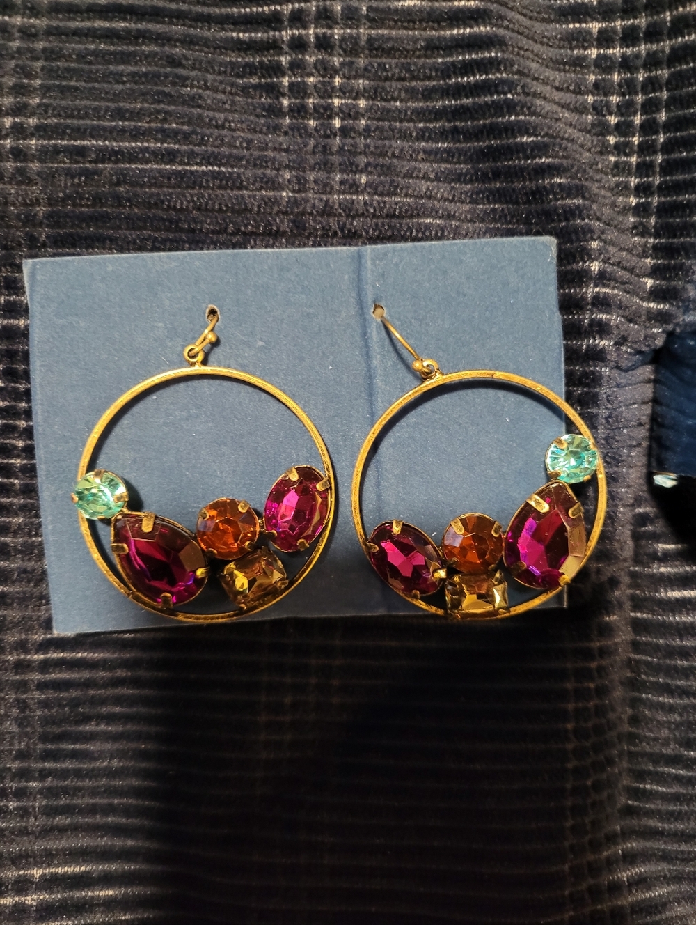 Avon Vintage Gold Tone Hoop Earrings with Fuchsia, Amber and Aqua Stones